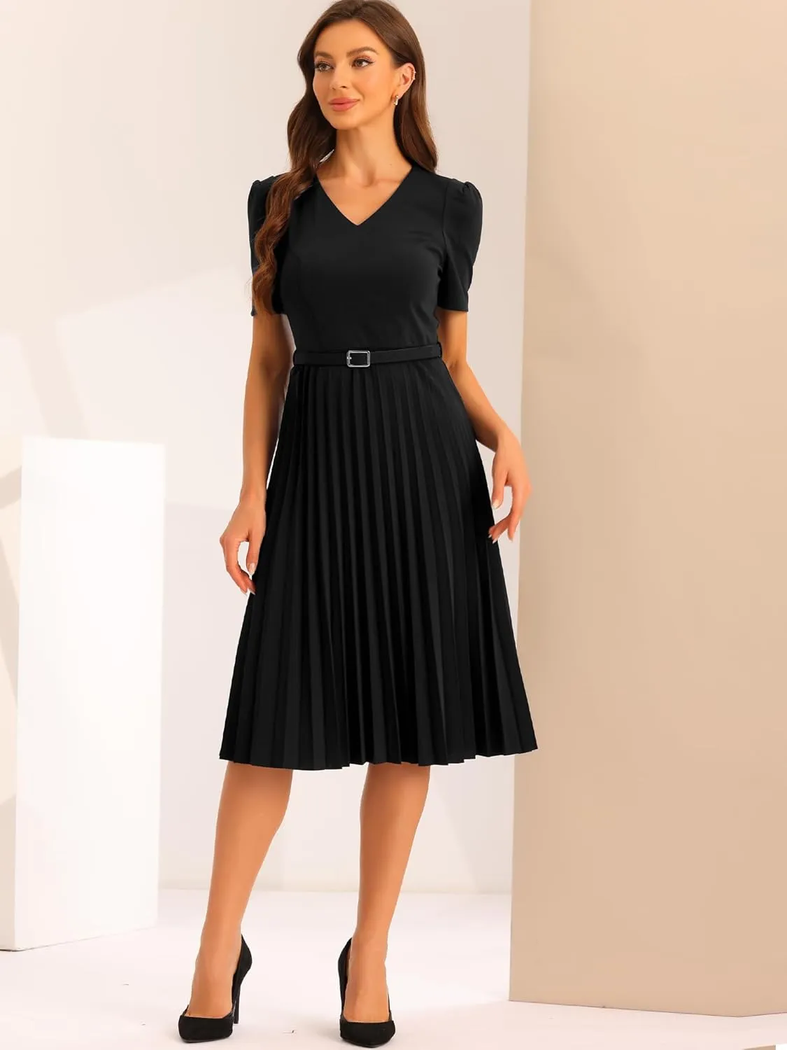 Allegra K Work Dresses for Women's V-Neck Short Sleeve Below Knee Belted A-Line Pleated Dress