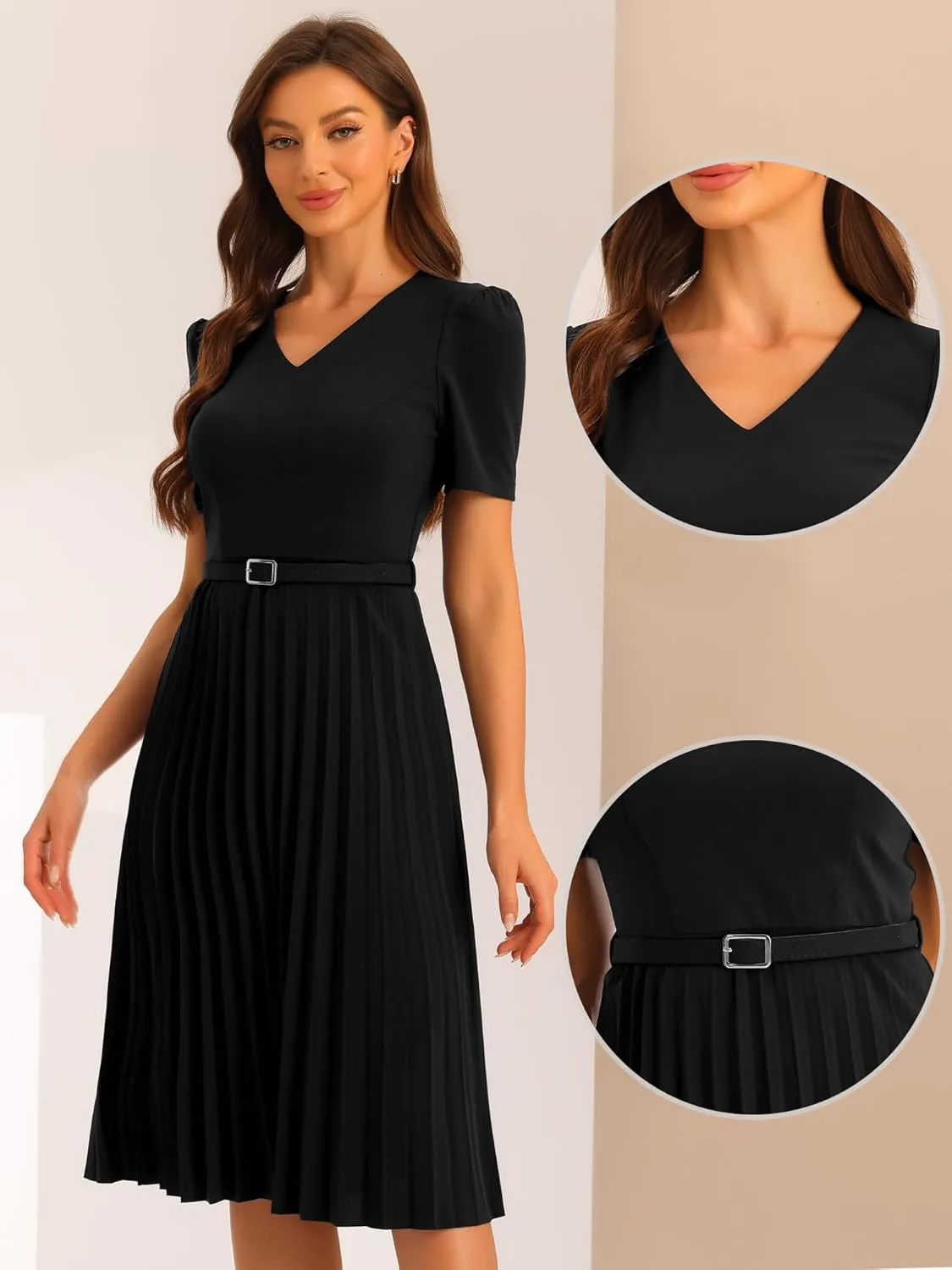 Allegra K Work Dresses for Women's V-Neck Short Sleeve Below Knee Belted A-Line Pleated Dress