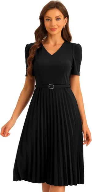 Allegra K Work Dresses for Women's V-Neck Short Sleeve Below Knee Belted A-Line Pleated Dress