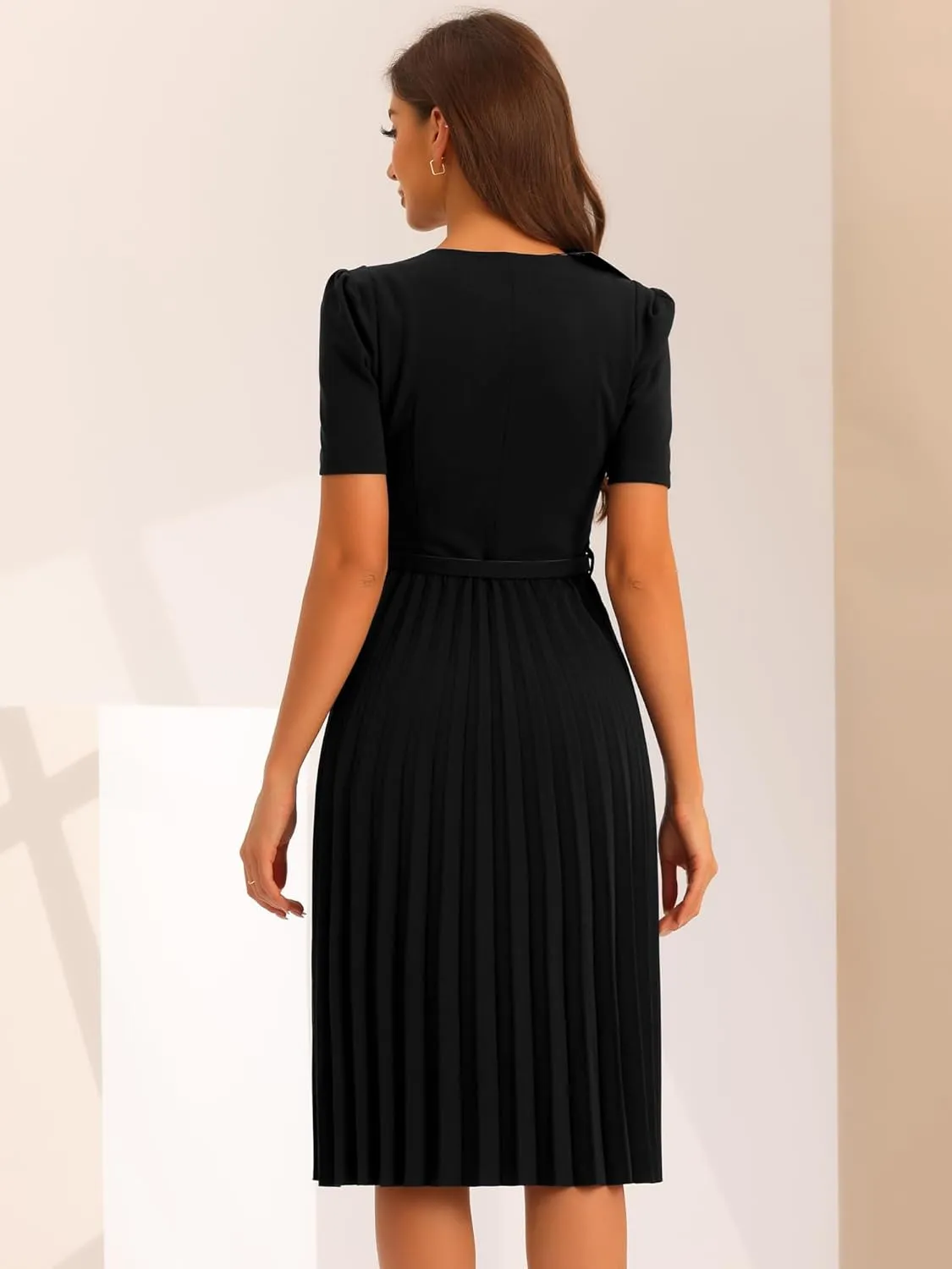 Allegra K Work Dresses for Women's V-Neck Short Sleeve Below Knee Belted A-Line Pleated Dress