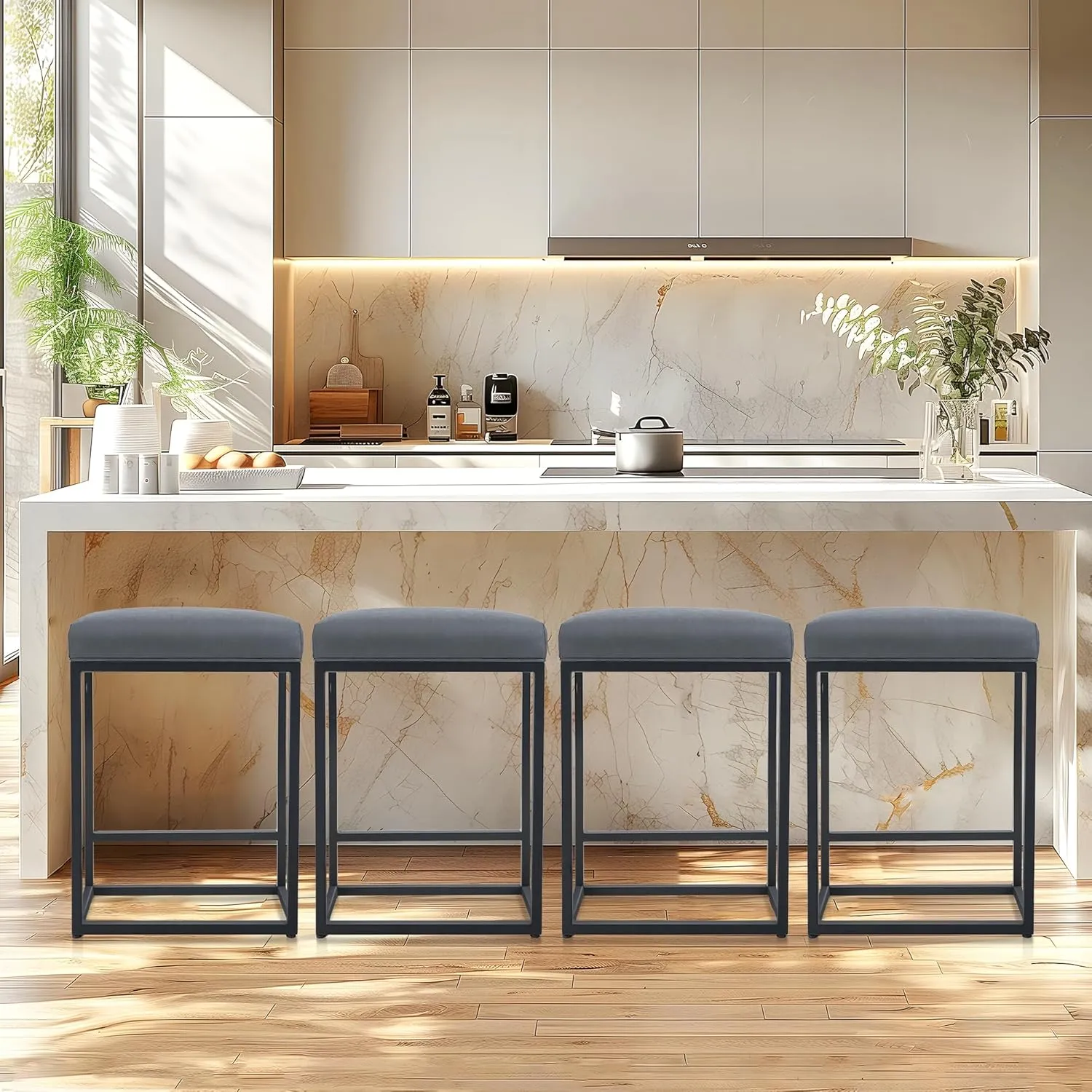 ALPHA HOME 24 Inch Counter Height Bar Stools, Upholstered Bar Stools for Kitchen Island, Counter Stools with Faux Leather Cushion and Sturdy Metal Frame, Modern Barstools, Grey