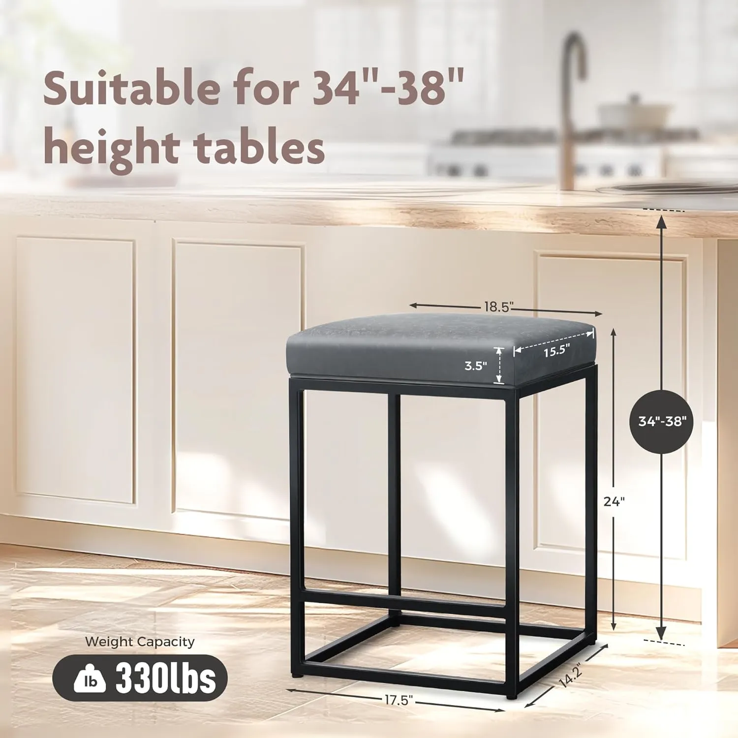 ALPHA HOME 24 Inch Counter Height Bar Stools, Upholstered Bar Stools for Kitchen Island, Counter Stools with Faux Leather Cushion and Sturdy Metal Frame, Modern Barstools, Grey