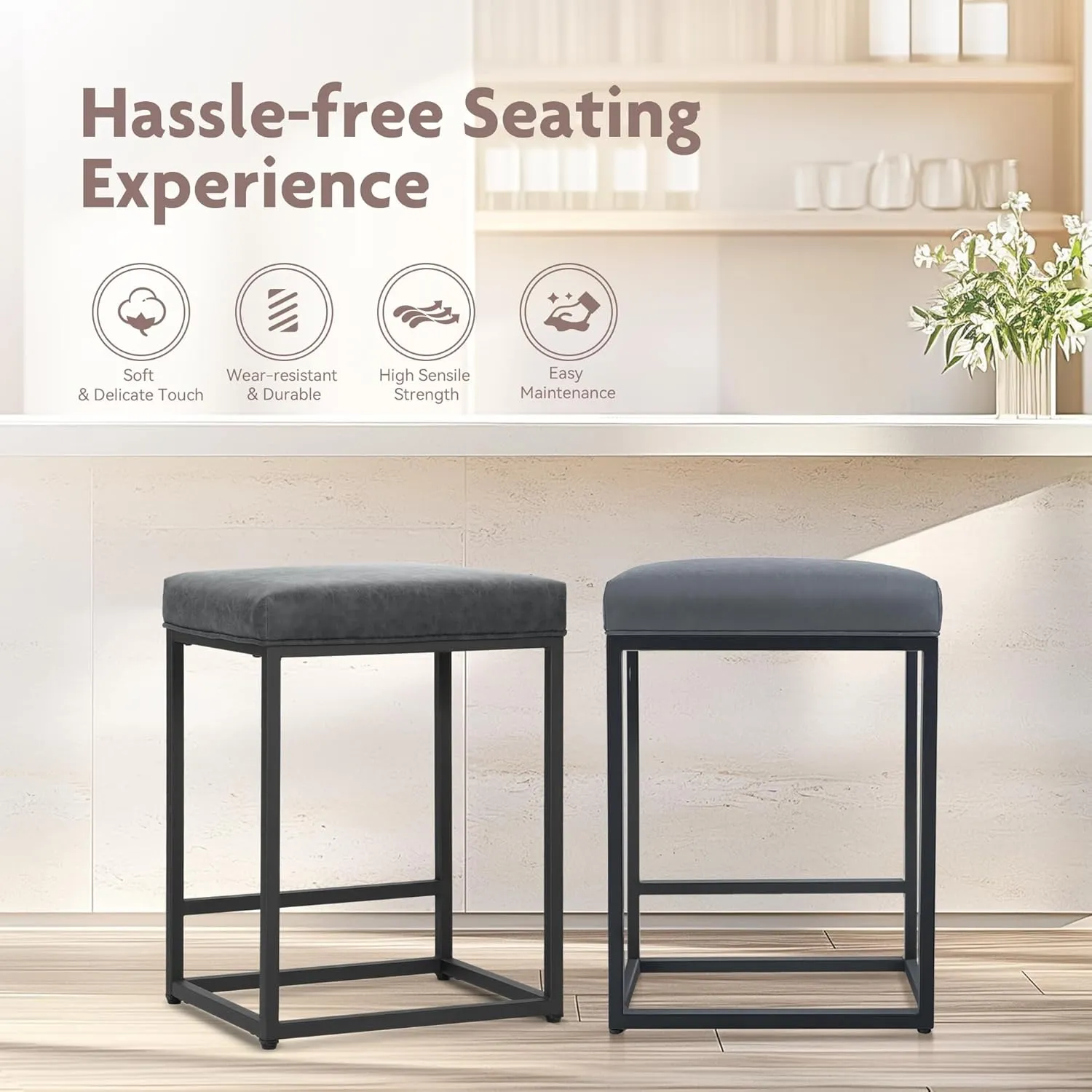 ALPHA HOME 24 Inch Counter Height Bar Stools, Upholstered Bar Stools for Kitchen Island, Counter Stools with Faux Leather Cushion and Sturdy Metal Frame, Modern Barstools, Grey