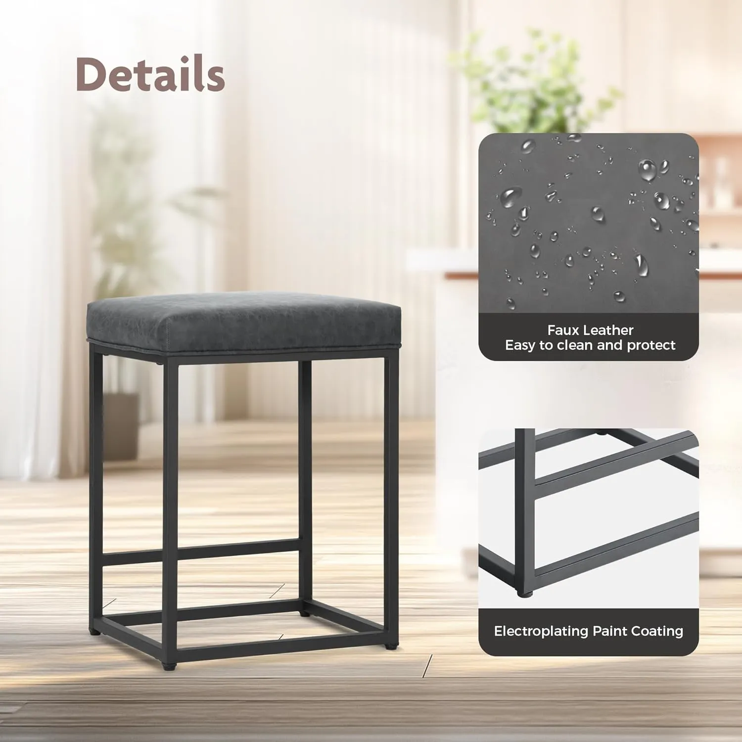 ALPHA HOME 24 Inch Counter Height Bar Stools, Upholstered Bar Stools for Kitchen Island, Counter Stools with Faux Leather Cushion and Sturdy Metal Frame, Modern Barstools, Grey
