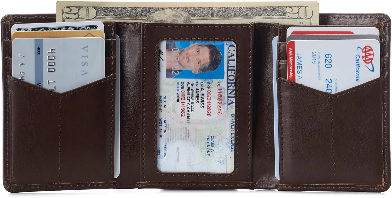 Alpine Swiss Men's Leon RFID Trifold Pocket Wallet – Genuine Leather Wallet for Men, Slim Design with ID Window & Multiple Card Slots, Classic RFID Safe Pocket Wallet in gift box