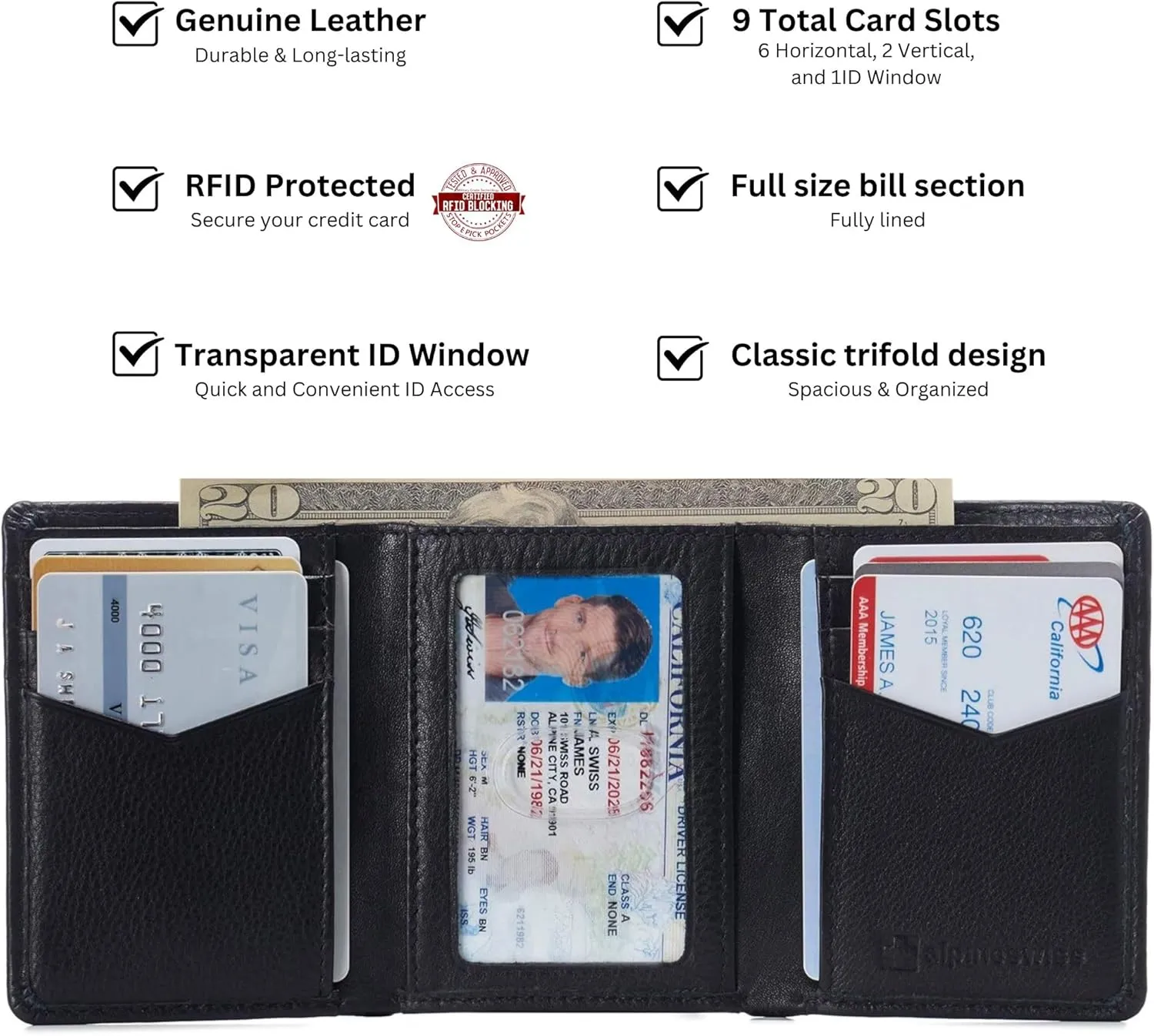 Alpine Swiss Men's Leon RFID Trifold Pocket Wallet – Genuine Leather Wallet for Men, Slim Design with ID Window & Multiple Card Slots, Classic RFID Safe Pocket Wallet in gift box