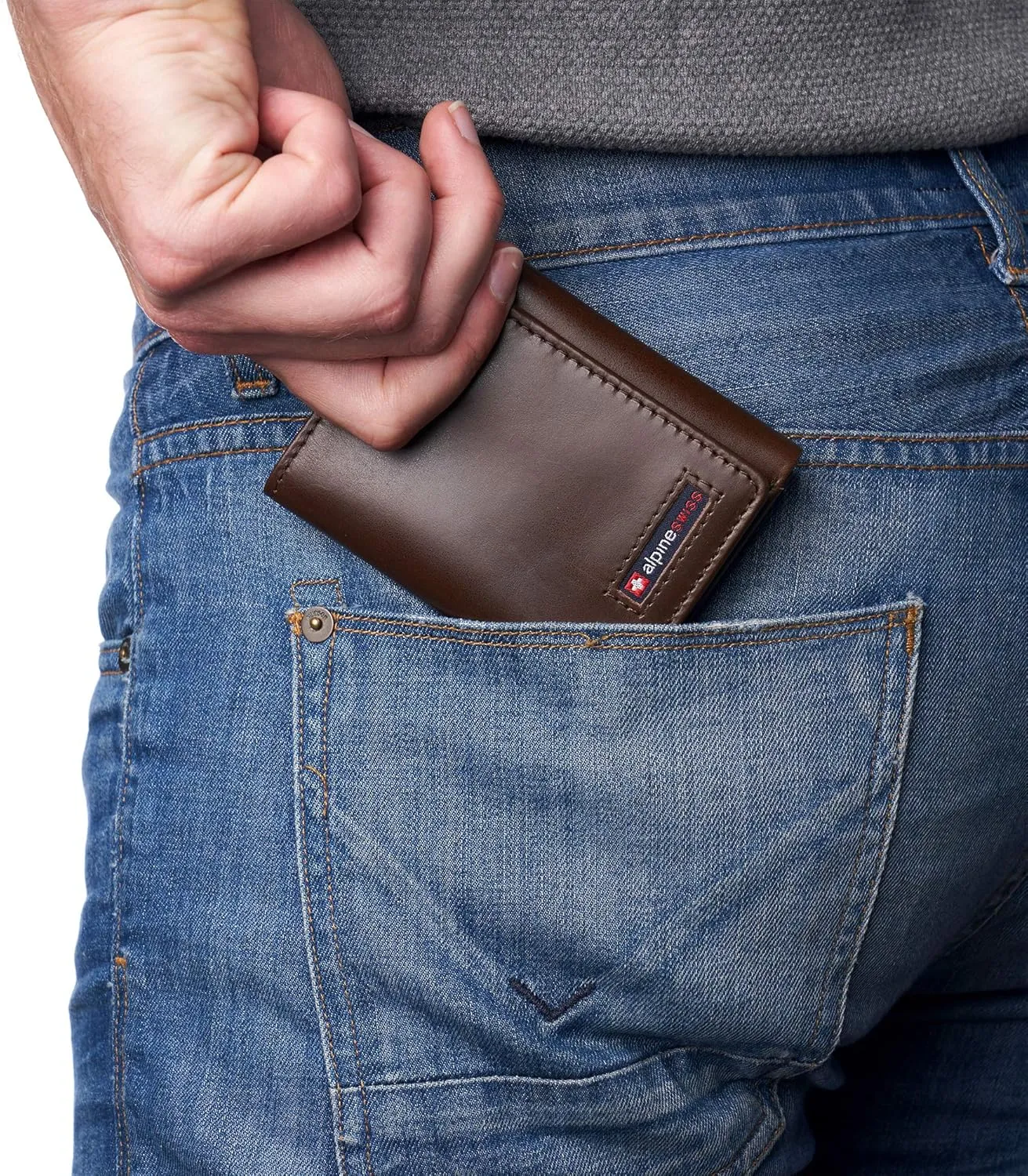 Alpine Swiss Men's Leon RFID Trifold Pocket Wallet – Genuine Leather Wallet for Men, Slim Design with ID Window & Multiple Card Slots, Classic RFID Safe Pocket Wallet in gift box