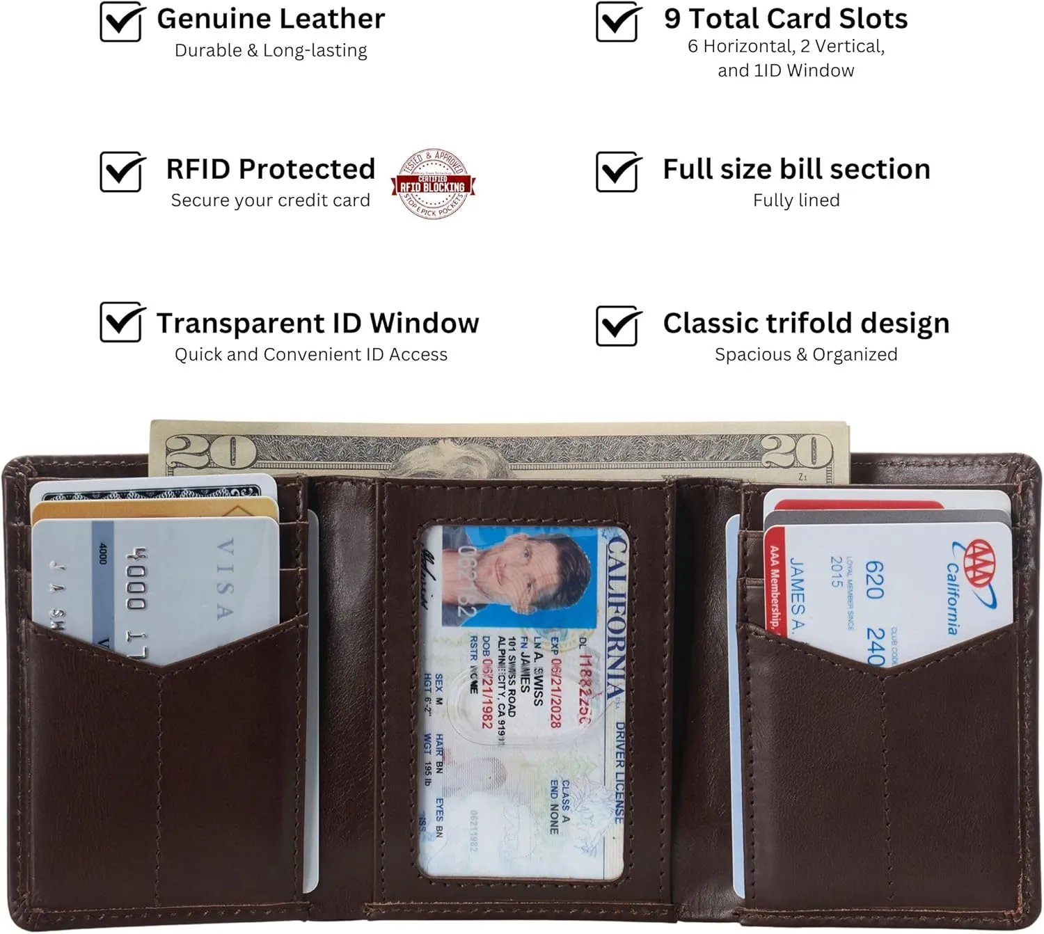 Alpine Swiss Men's Leon RFID Trifold Pocket Wallet – Genuine Leather Wallet for Men, Slim Design with ID Window & Multiple Card Slots, Classic RFID Safe Pocket Wallet in gift box