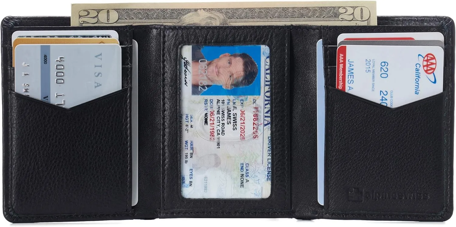 Alpine Swiss Men's Leon RFID Trifold Pocket Wallet – Genuine Leather Wallet for Men, Slim Design with ID Window & Multiple Card Slots, Classic RFID Safe Pocket Wallet in gift box