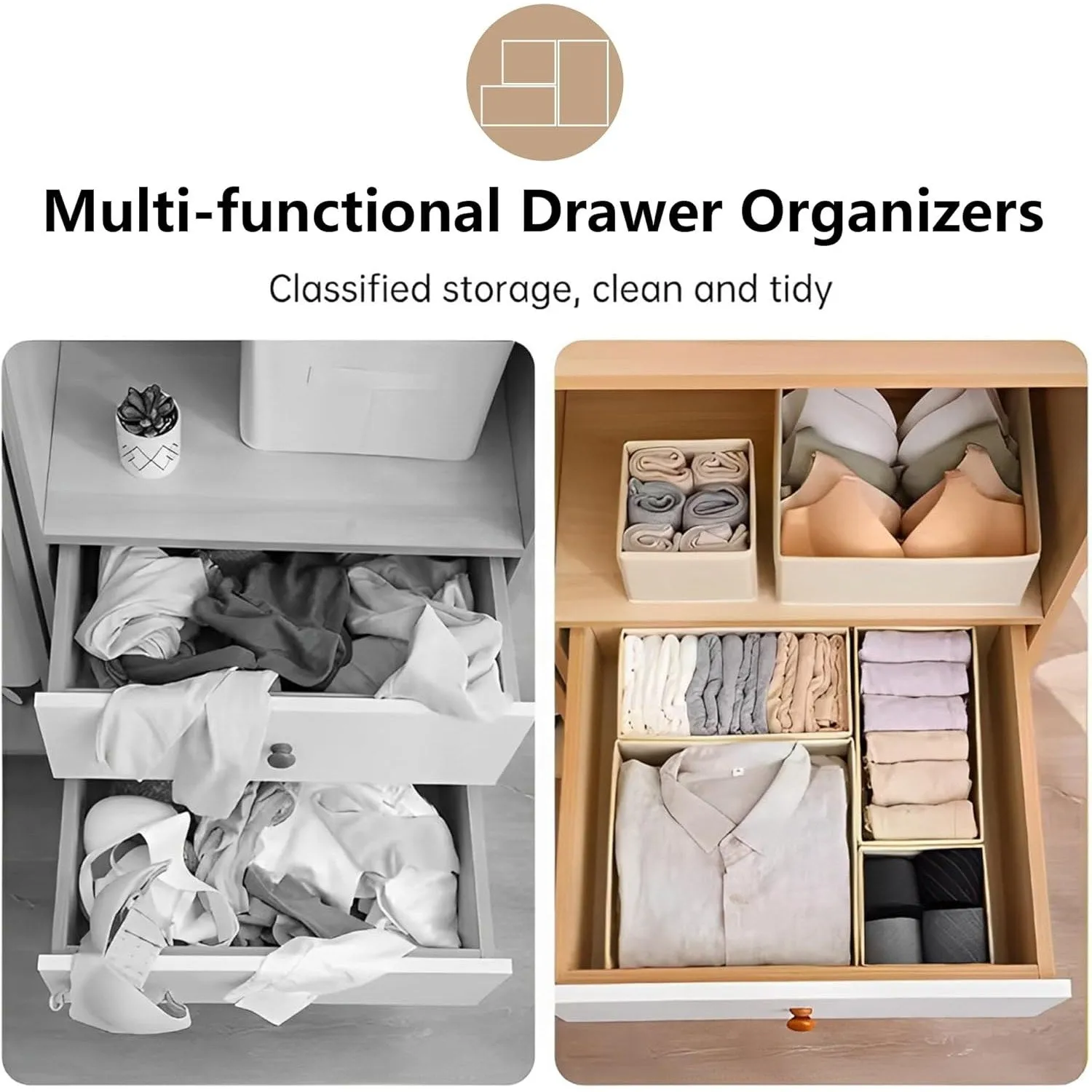 Ambity 12PCS Foldable Drawer Organiser set with 7 Grids, Transform Your Drawers with These Space Saving Organizers, Stylish Organizers for Socks, Bras, Underwear, Leggings, Jeans, and Sweaters (12)