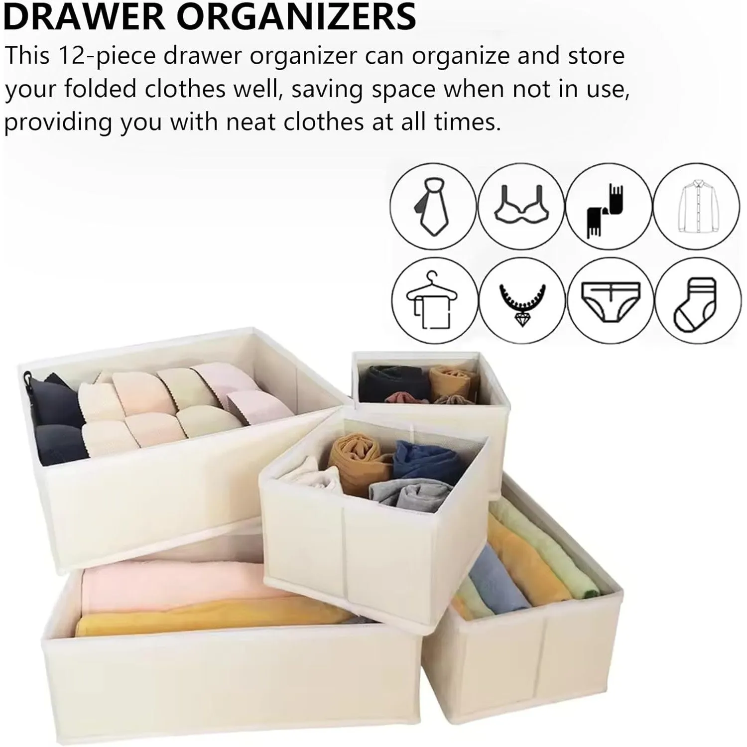 Ambity 12PCS Foldable Drawer Organiser set with 7 Grids, Transform Your Drawers with These Space Saving Organizers, Stylish Organizers for Socks, Bras, Underwear, Leggings, Jeans, and Sweaters (12)