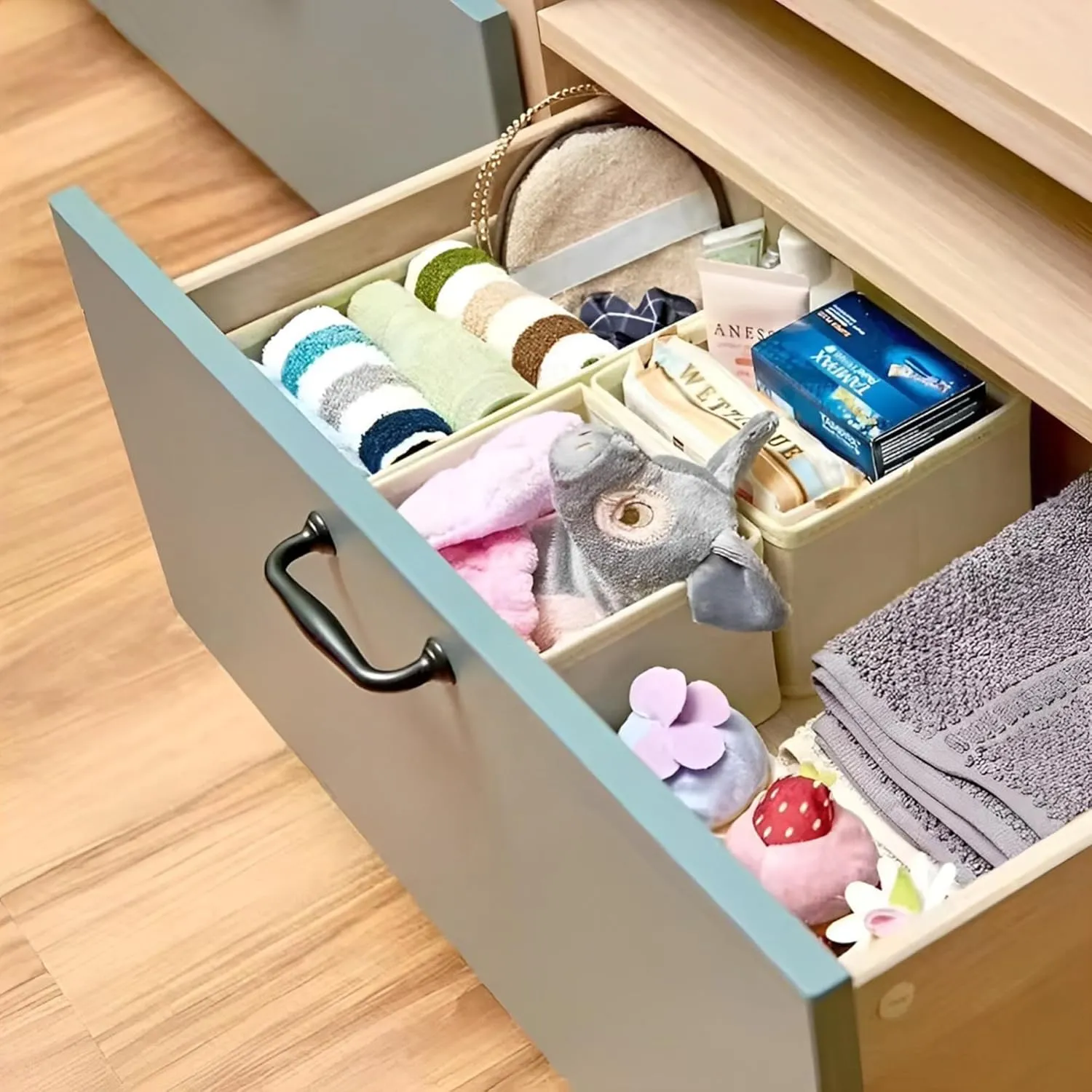 Ambity 12PCS Foldable Drawer Organiser set with 7 Grids, Transform Your Drawers with These Space Saving Organizers, Stylish Organizers for Socks, Bras, Underwear, Leggings, Jeans, and Sweaters (12)