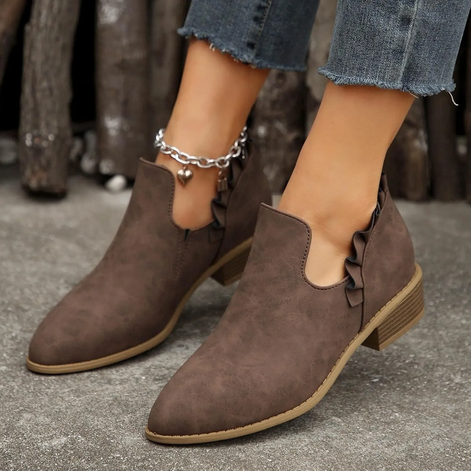 AMDBEL Fall Boots for Women 2024 Ankle Booties Low Heel Short Boots V Cut Chelsea Boots Pointd Toe Fall Winter Dressy Shoes