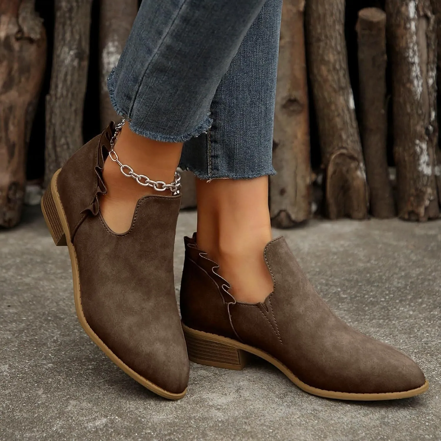 AMDBEL Fall Boots for Women 2024 Ankle Booties Low Heel Short Boots V Cut Chelsea Boots Pointd Toe Fall Winter Dressy Shoes