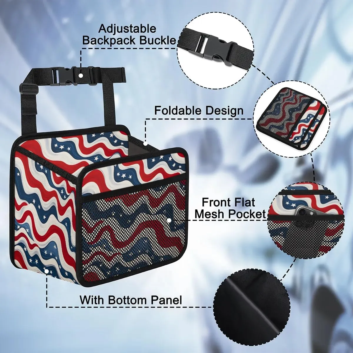 American Flag Print Automotive Trash Can Red Blue Stripe Leather Automotive Trash Bag, Fits Most Cars, Trucks, SUV's Front/Rear Seats/Console - Automotive Interior Accessories