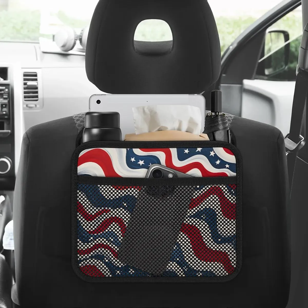 American Flag Print Automotive Trash Can Red Blue Stripe Leather Automotive Trash Bag, Fits Most Cars, Trucks, SUV's Front/Rear Seats/Console - Automotive Interior Accessories