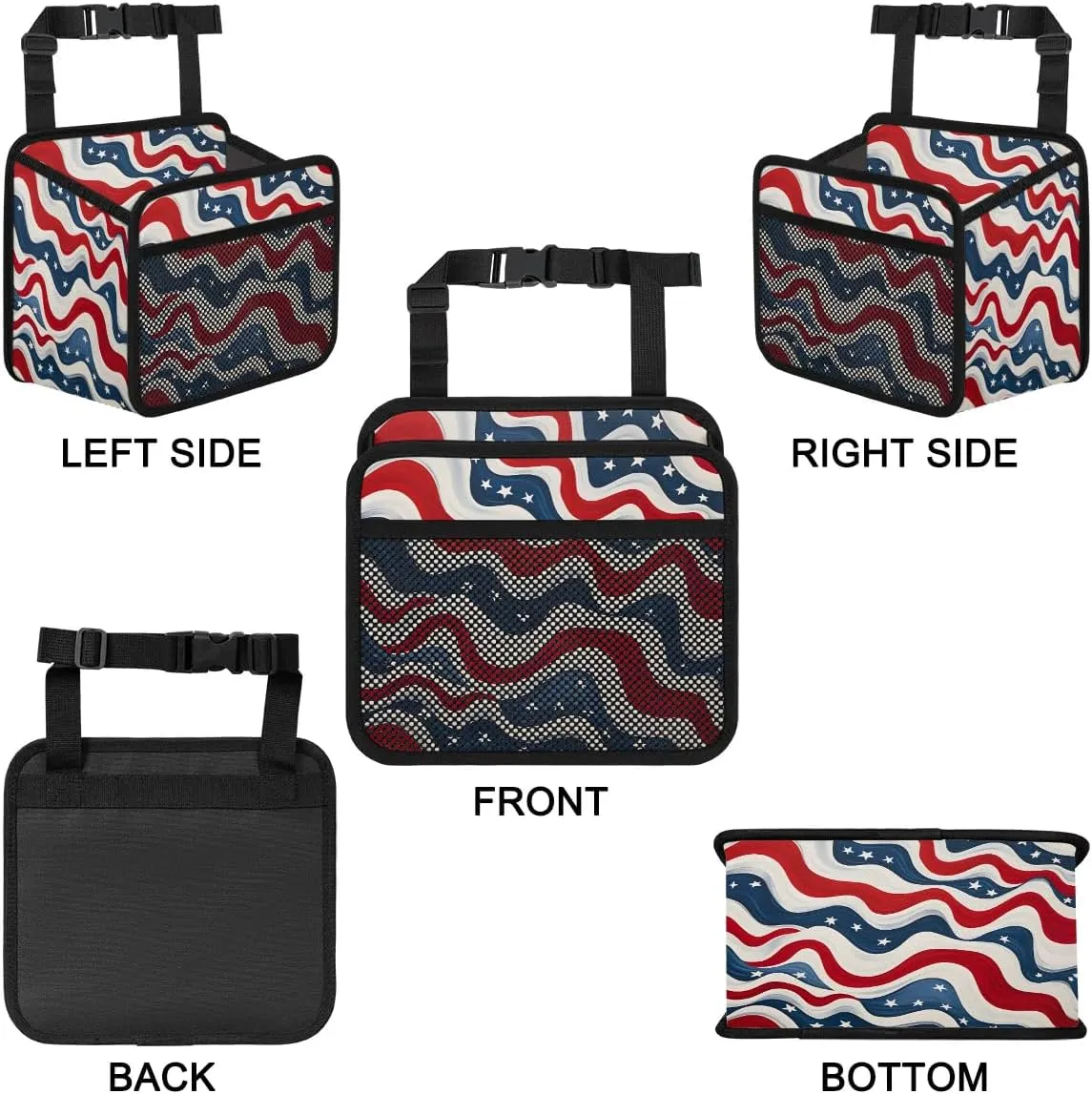 American Flag Print Automotive Trash Can Red Blue Stripe Leather Automotive Trash Bag, Fits Most Cars, Trucks, SUV's Front/Rear Seats/Console - Automotive Interior Accessories