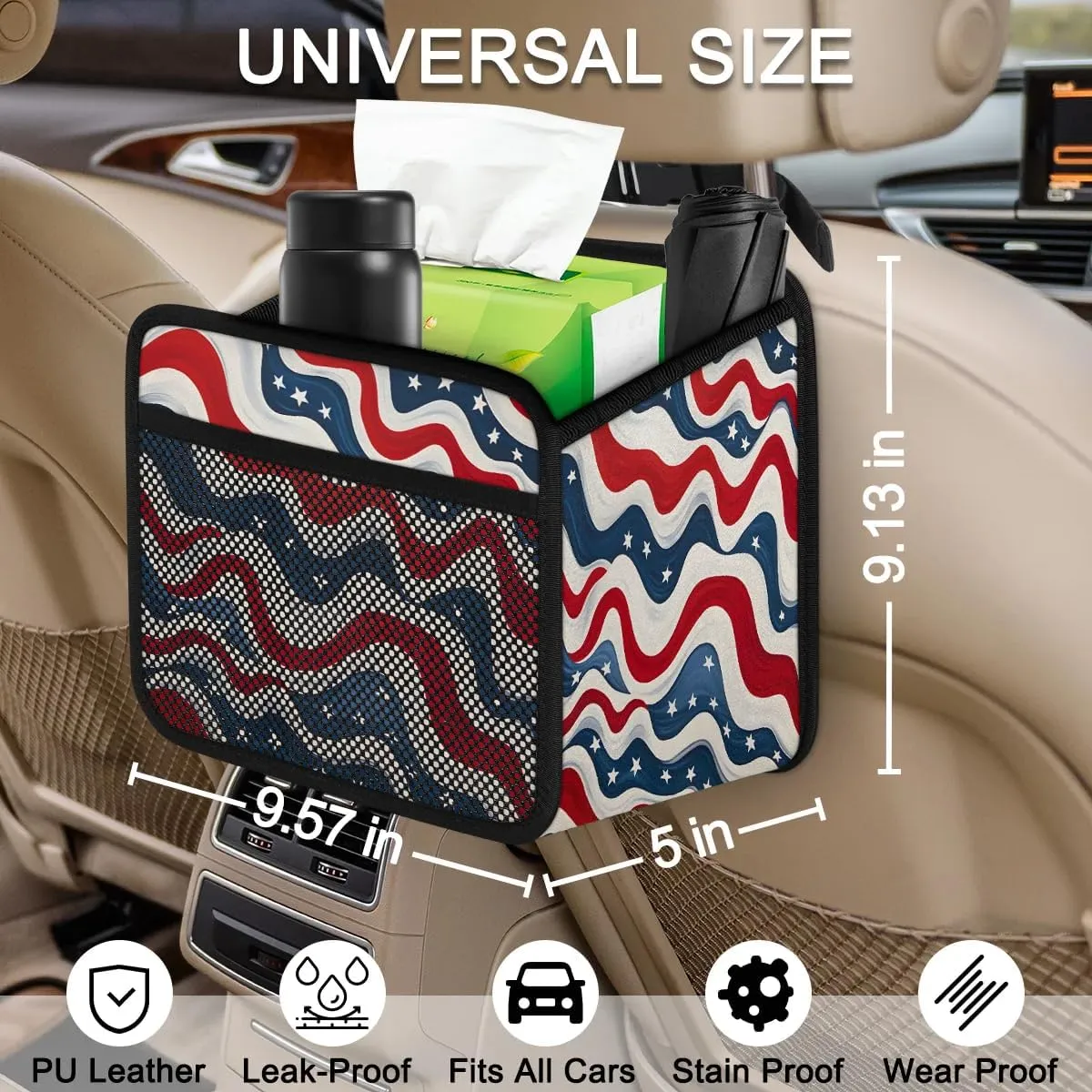 American Flag Print Automotive Trash Can Red Blue Stripe Leather Automotive Trash Bag, Fits Most Cars, Trucks, SUV's Front/Rear Seats/Console - Automotive Interior Accessories