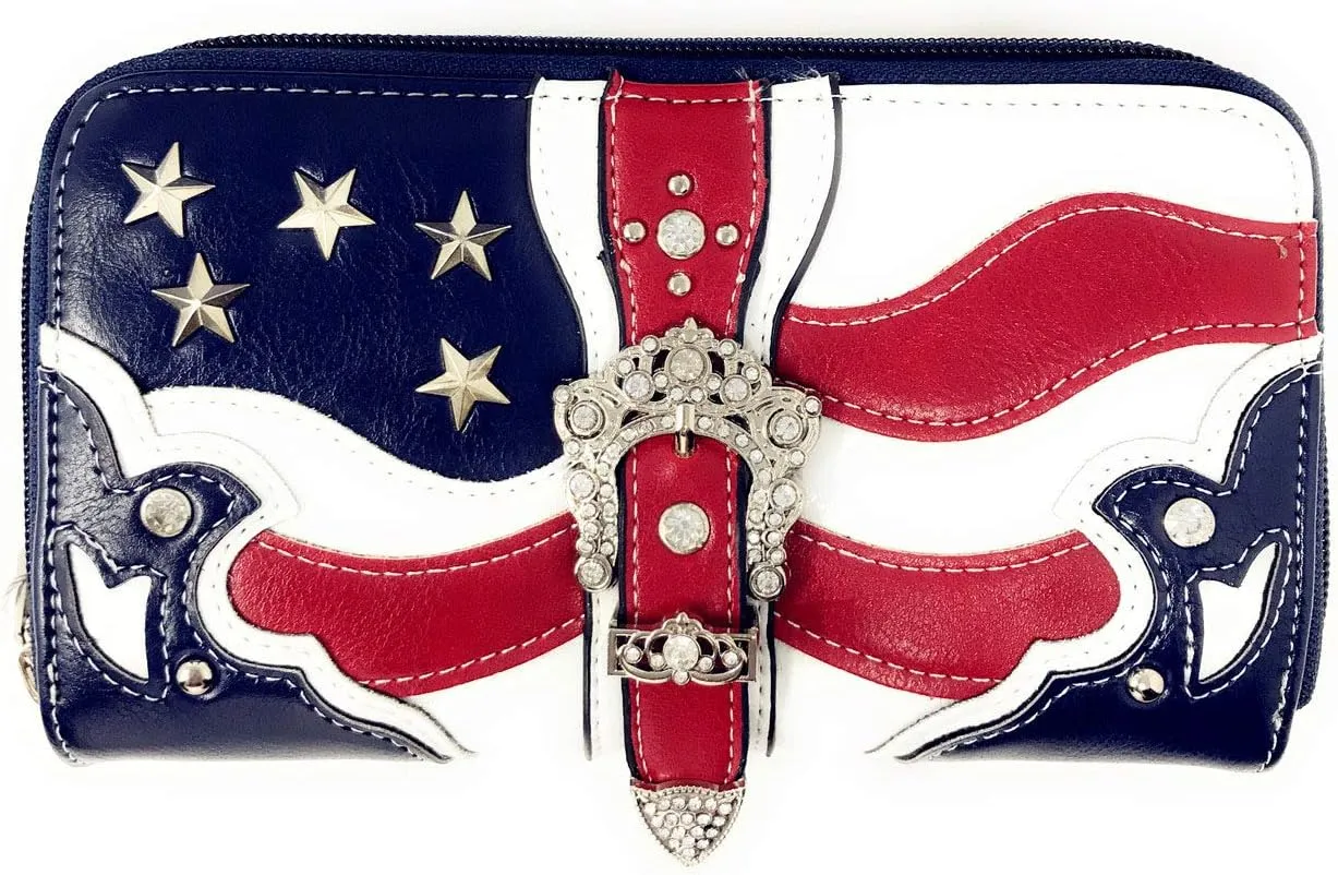 American Flag Rhinestone Handbag, Purse Wallet in Multi Colors