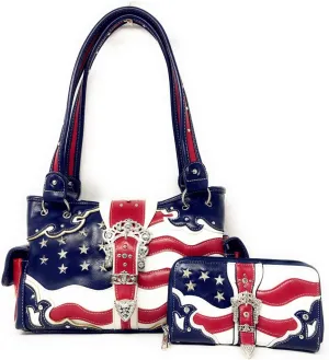 American Flag Rhinestone Handbag, Purse Wallet in Multi Colors