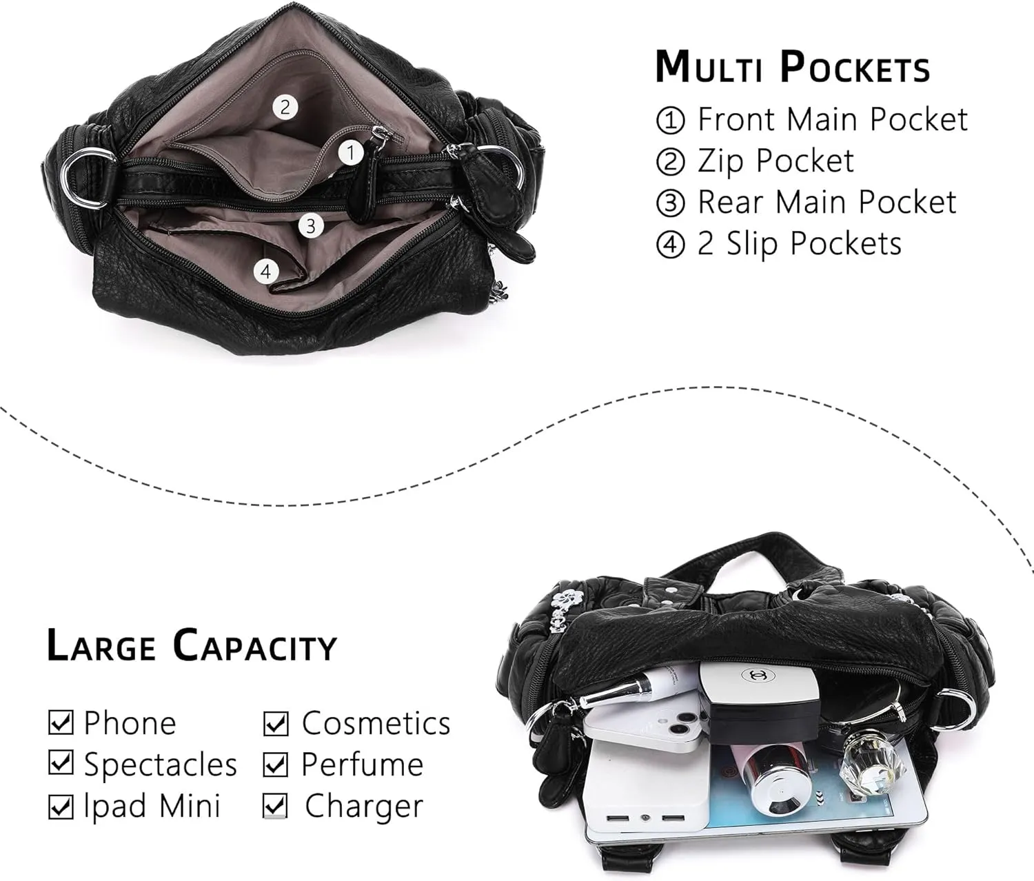 Angel Kiss Purses for Women Small Hobo Shoulder Bags Vagen Leather Multi-Pocket Tote Bag with Zipper