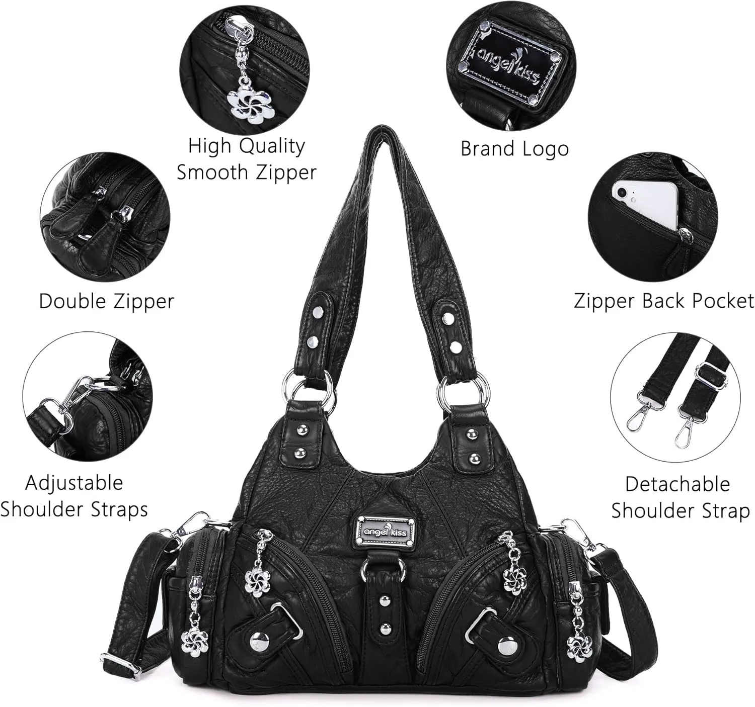 Angel Kiss Purses for Women Small Hobo Shoulder Bags Vagen Leather Multi-Pocket Tote Bag with Zipper