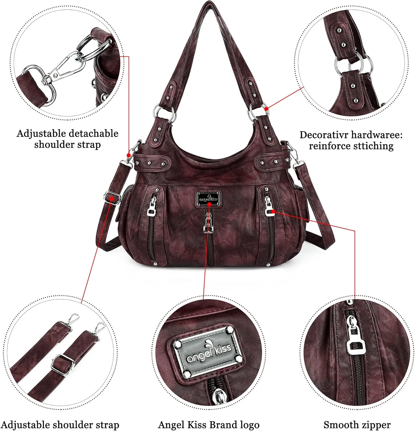 Angelkiss Large Purses and Handbags for Women Washed Faux Leather Crossbody Hobo Satchel Shoulder Handbag Tote Purse