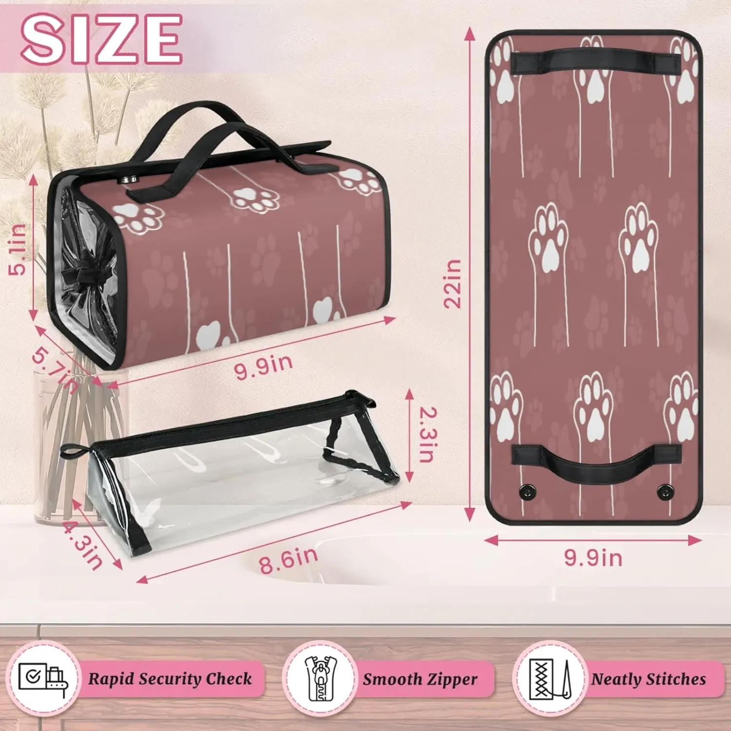 Animal Claws Style Toiletry Bag Water Proof Travel Makeup Case Large Capacity 4 in 1 Foldable Cosmetics Storage for Women Men Removable Zipper Clear PVC Pockets