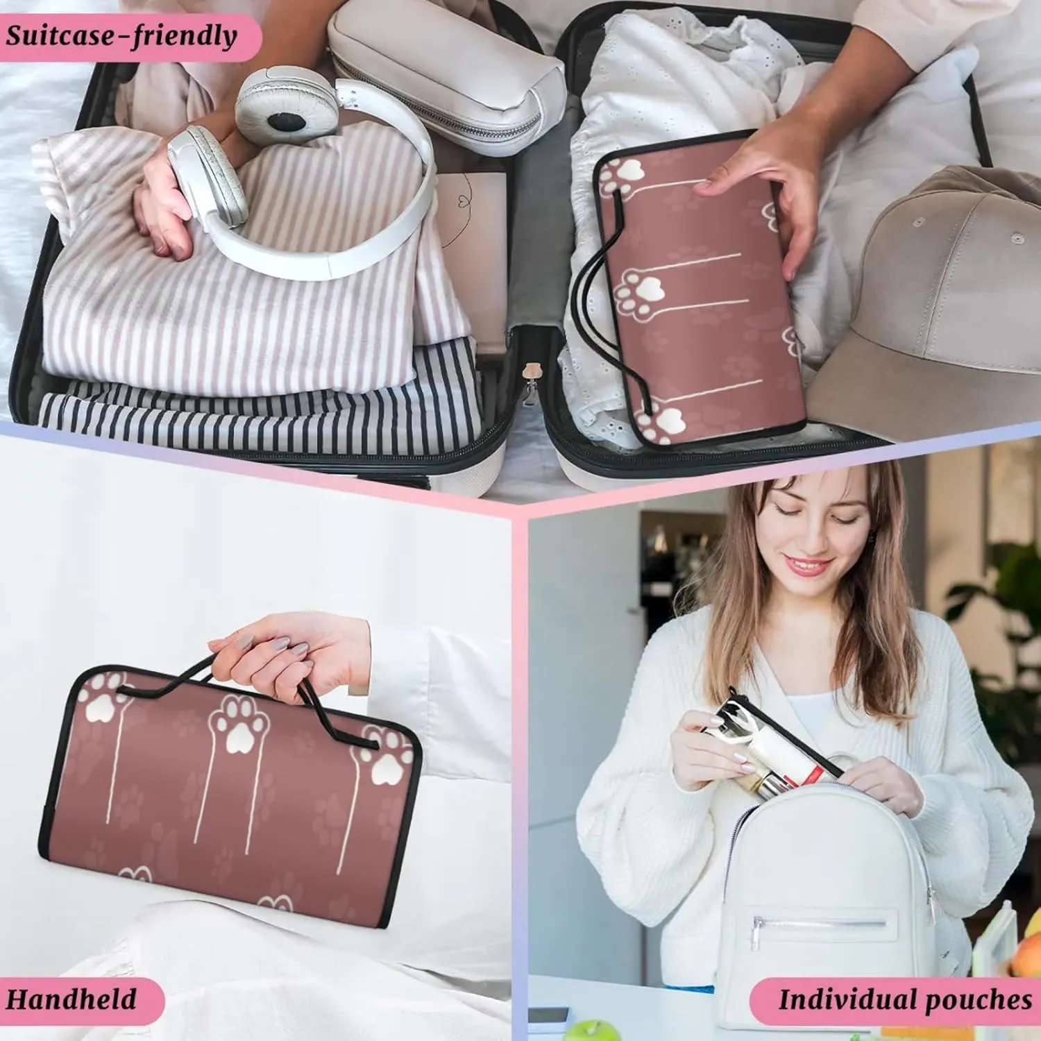 Animal Claws Style Toiletry Bag Water Proof Travel Makeup Case Large Capacity 4 in 1 Foldable Cosmetics Storage for Women Men Removable Zipper Clear PVC Pockets