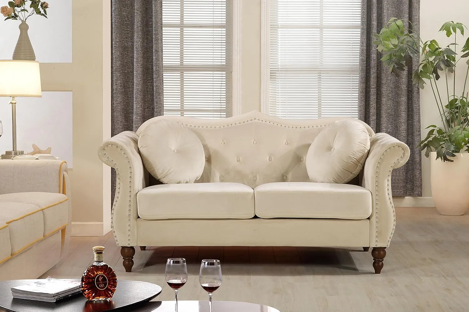 Anna1 Chesterfield Velvet Couches for Living Room, Button Tufted Luxury Upholstery with Rolled Arms, High-Density Foam, Durable Wood Frame, 65.5" Loveseat, White Ivory