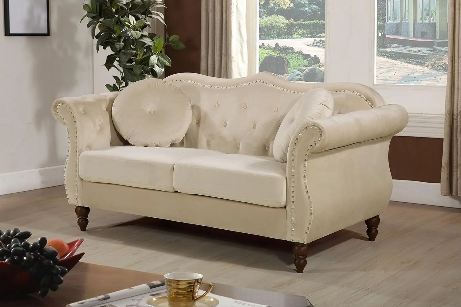 Anna1 Chesterfield Velvet Couches for Living Room, Button Tufted Luxury Upholstery with Rolled Arms, High-Density Foam, Durable Wood Frame, 65.5" Loveseat, White Ivory