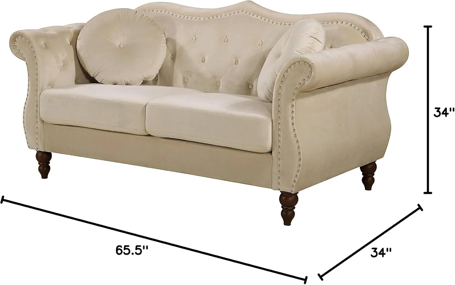 Anna1 Chesterfield Velvet Couches for Living Room, Button Tufted Luxury Upholstery with Rolled Arms, High-Density Foam, Durable Wood Frame, 65.5" Loveseat, White Ivory