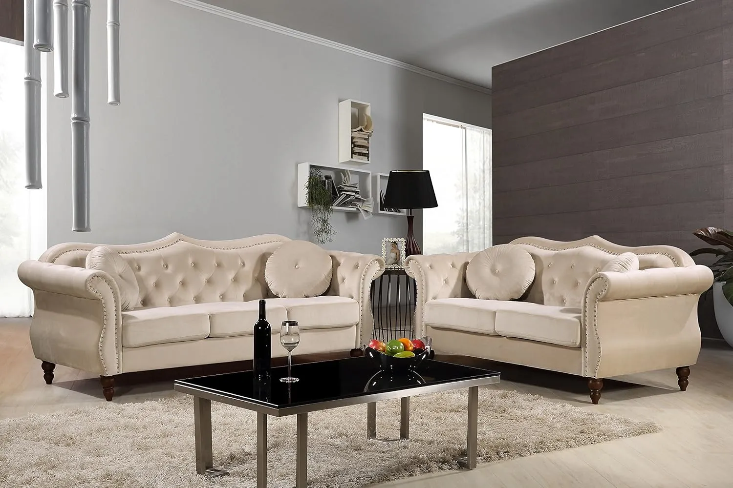 Anna1 Chesterfield Velvet Couches for Living Room, Button Tufted Luxury Upholstery with Rolled Arms, High-Density Foam, Durable Wood Frame, 65.5" Loveseat, White Ivory