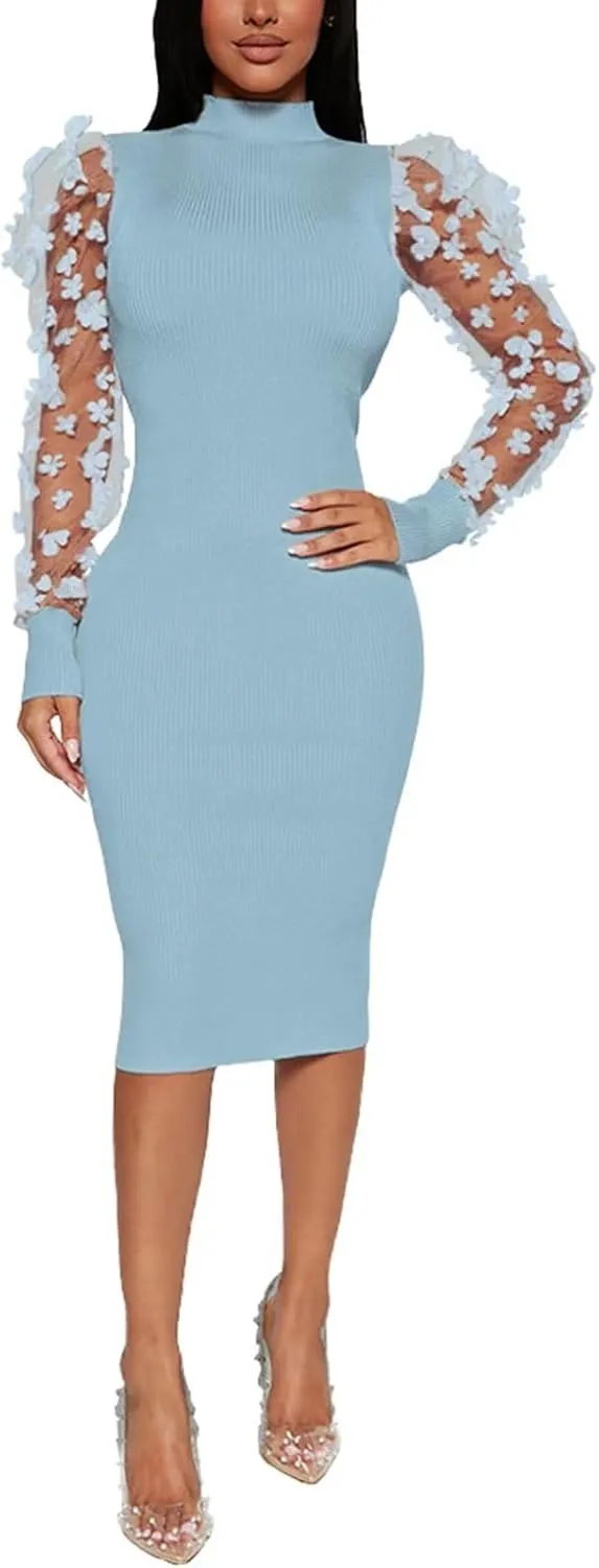 Annystore Women's Elegant Mock Neck Sheer Long Sleeve Mesh Bodycon Dress Ribbed Club Party Pencil Midi Dresses Clubwear