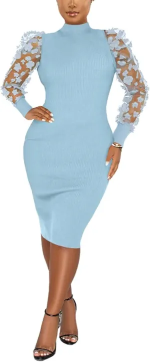 Annystore Women's Elegant Mock Neck Sheer Long Sleeve Mesh Bodycon Dress Ribbed Club Party Pencil Midi Dresses Clubwear