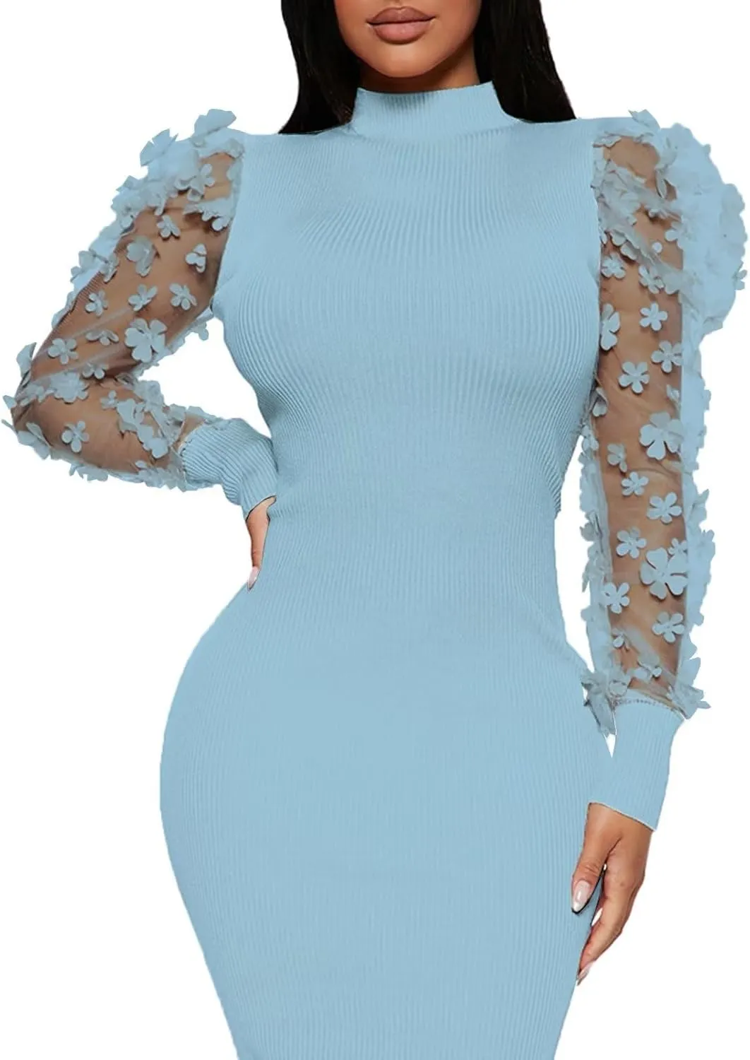 Annystore Women's Elegant Mock Neck Sheer Long Sleeve Mesh Bodycon Dress Ribbed Club Party Pencil Midi Dresses Clubwear