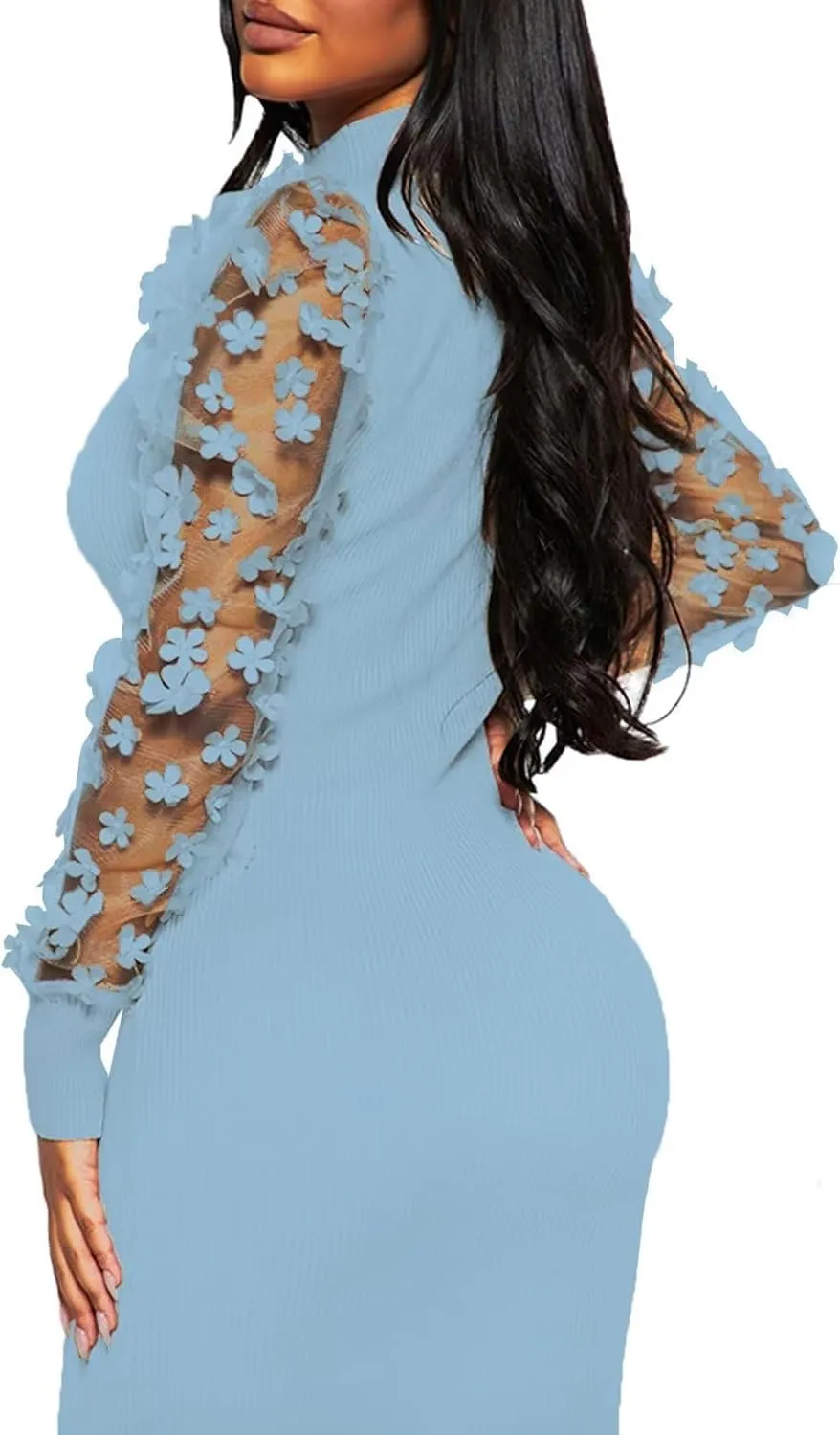 Annystore Women's Elegant Mock Neck Sheer Long Sleeve Mesh Bodycon Dress Ribbed Club Party Pencil Midi Dresses Clubwear