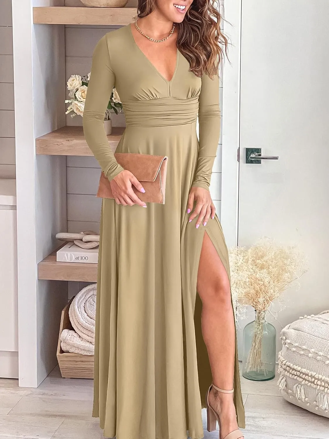 ANRABESS Women Deep V Neck Long Sleeve Slit 2025 Fall Elegant Formal Wedding Guest Cocktail Evening Date Prom Maxi Long Dress