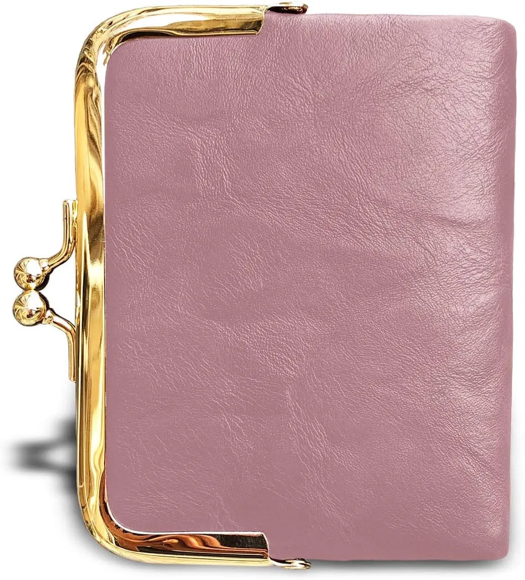 AOXONEL Womens Wallet Small Rfid Ladies Compact Bifold Leather Vintage Coin Purse With Zipper and Kiss Lock