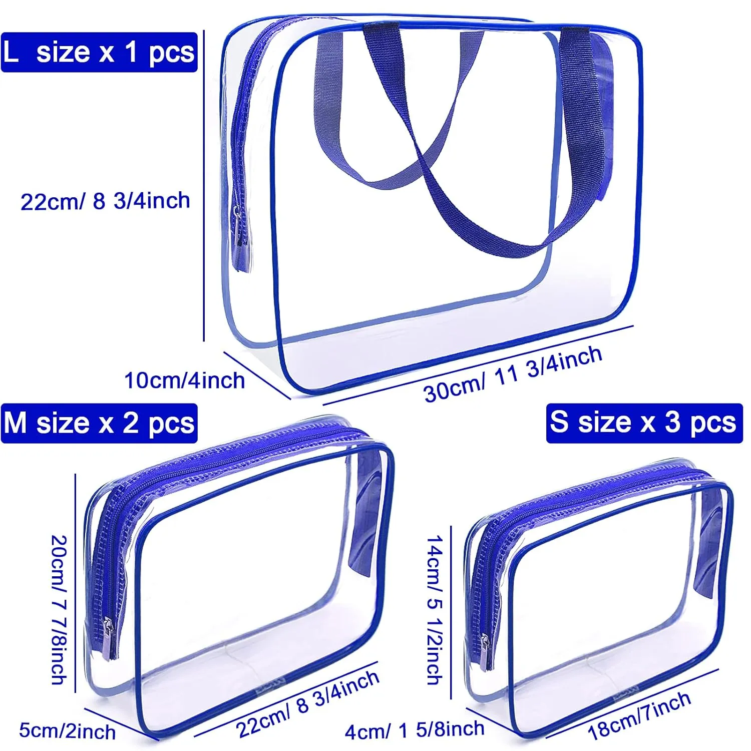 APREUTY Clear Makeup Bags, TSA Approved 6Pcs Cosmetic Makeup Bag Set Clear PVC with Zipper Handle Portable Travel Luggage Pouch Airport Airline Vacation (Blue)