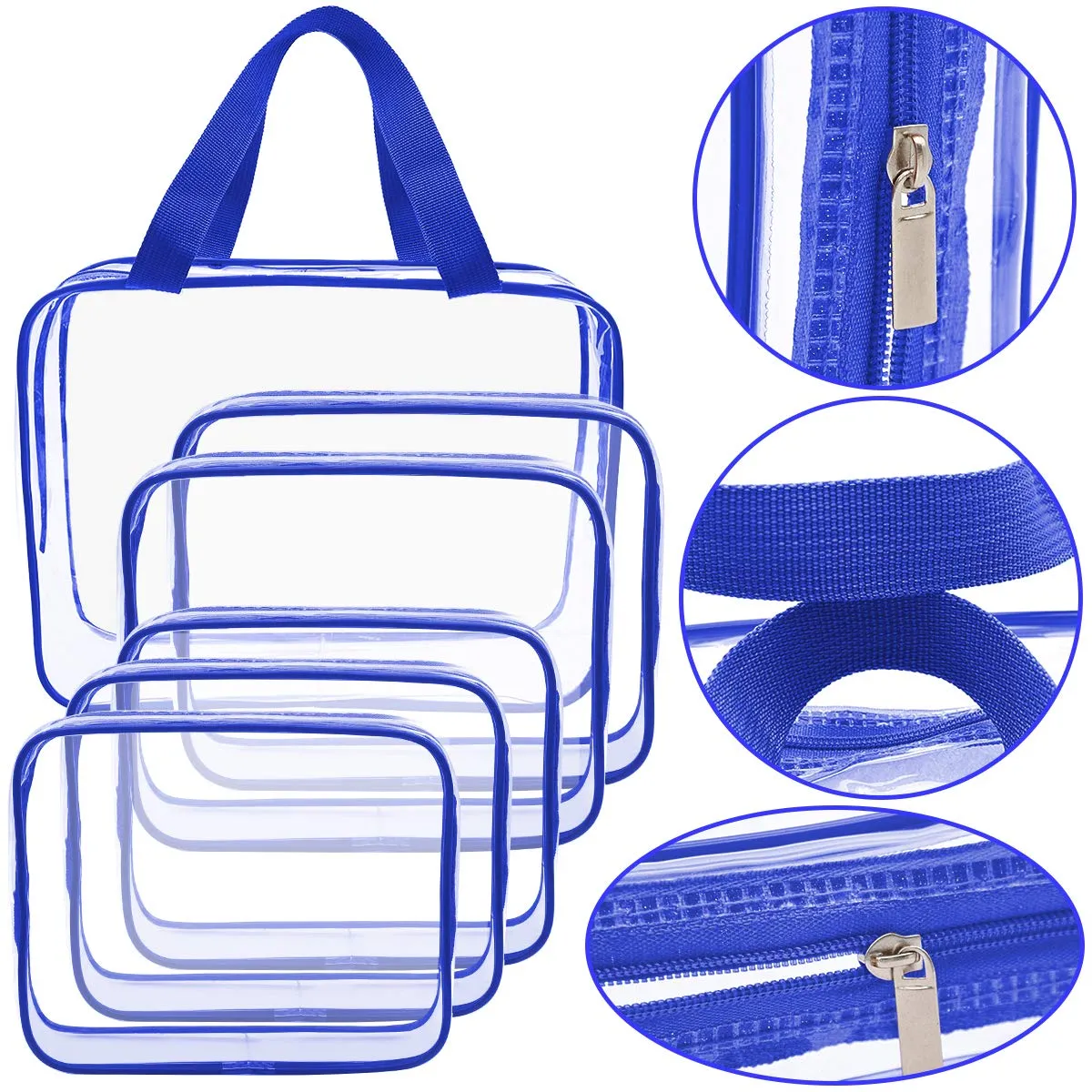APREUTY Clear Makeup Bags, TSA Approved 6Pcs Cosmetic Makeup Bag Set Clear PVC with Zipper Handle Portable Travel Luggage Pouch Airport Airline Vacation (Blue)