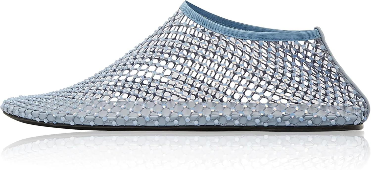 Arqa Crystals Mesh Flats for Women Rhinestone-Embellished Fishnet Sock Ballet Flat Shoes Comfort Casual Ballerina Shoes