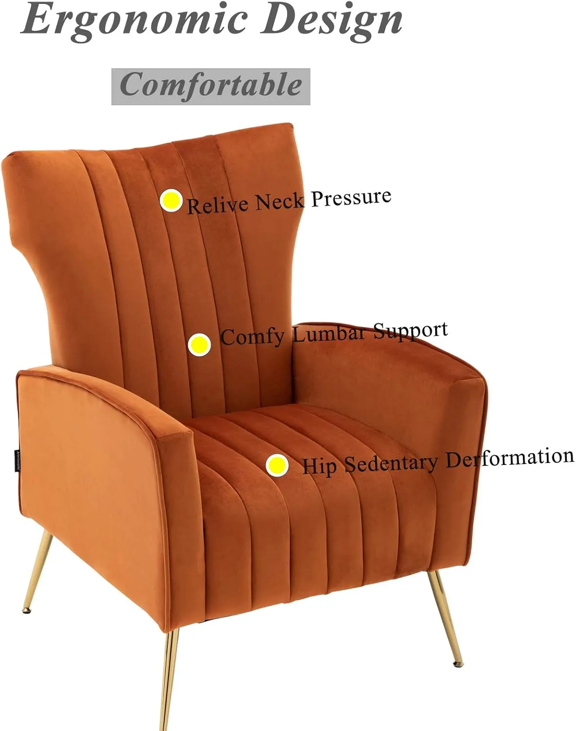 Artechworks Curved Tufted Accent Chair with Metal Gold Legs Velvet Upholstered Arm Club Leisure Modern Chair for Living Room Bedroom Patio, Caramel Color, Orange
