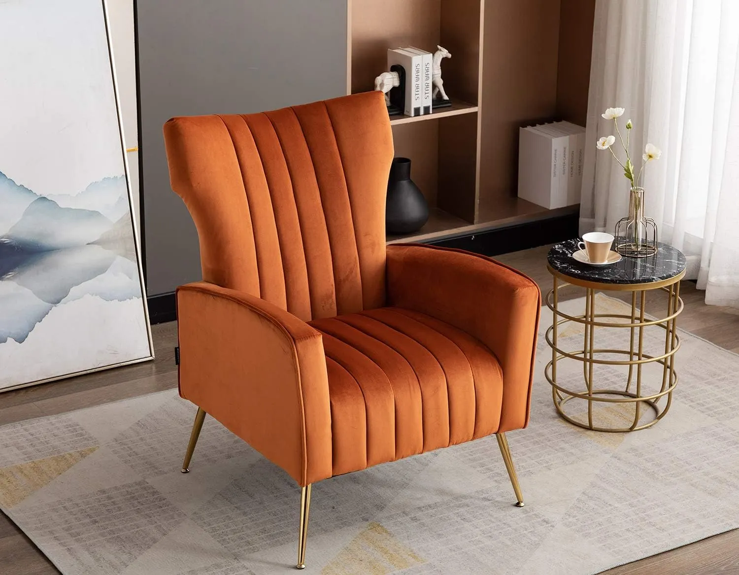 Artechworks Curved Tufted Accent Chair with Metal Gold Legs Velvet Upholstered Arm Club Leisure Modern Chair for Living Room Bedroom Patio, Caramel Color, Orange