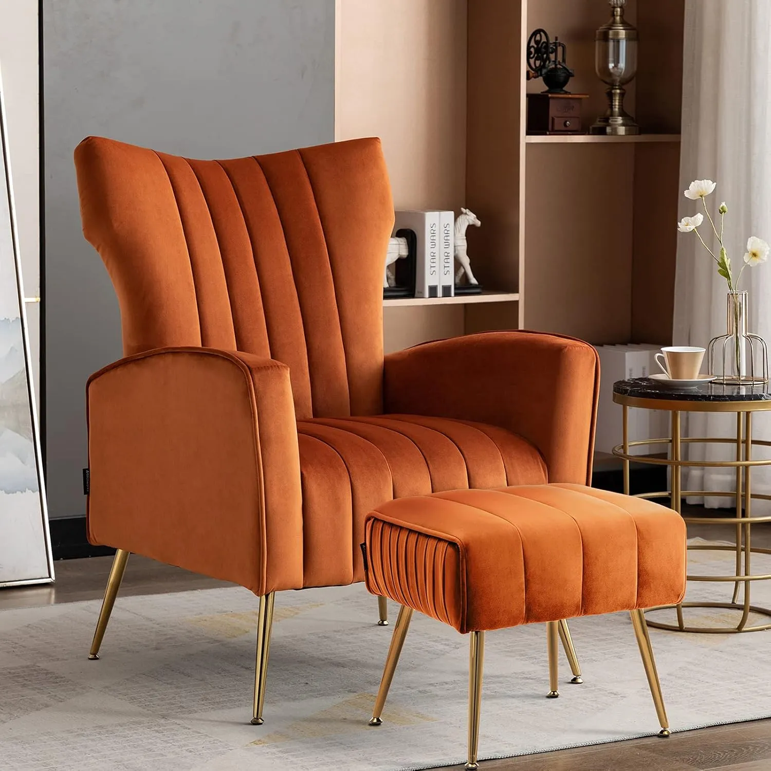 Artechworks Curved Tufted Accent Chair with Metal Gold Legs Velvet Upholstered Arm Club Leisure Modern Chair for Living Room Bedroom Patio, Caramel Color, Orange