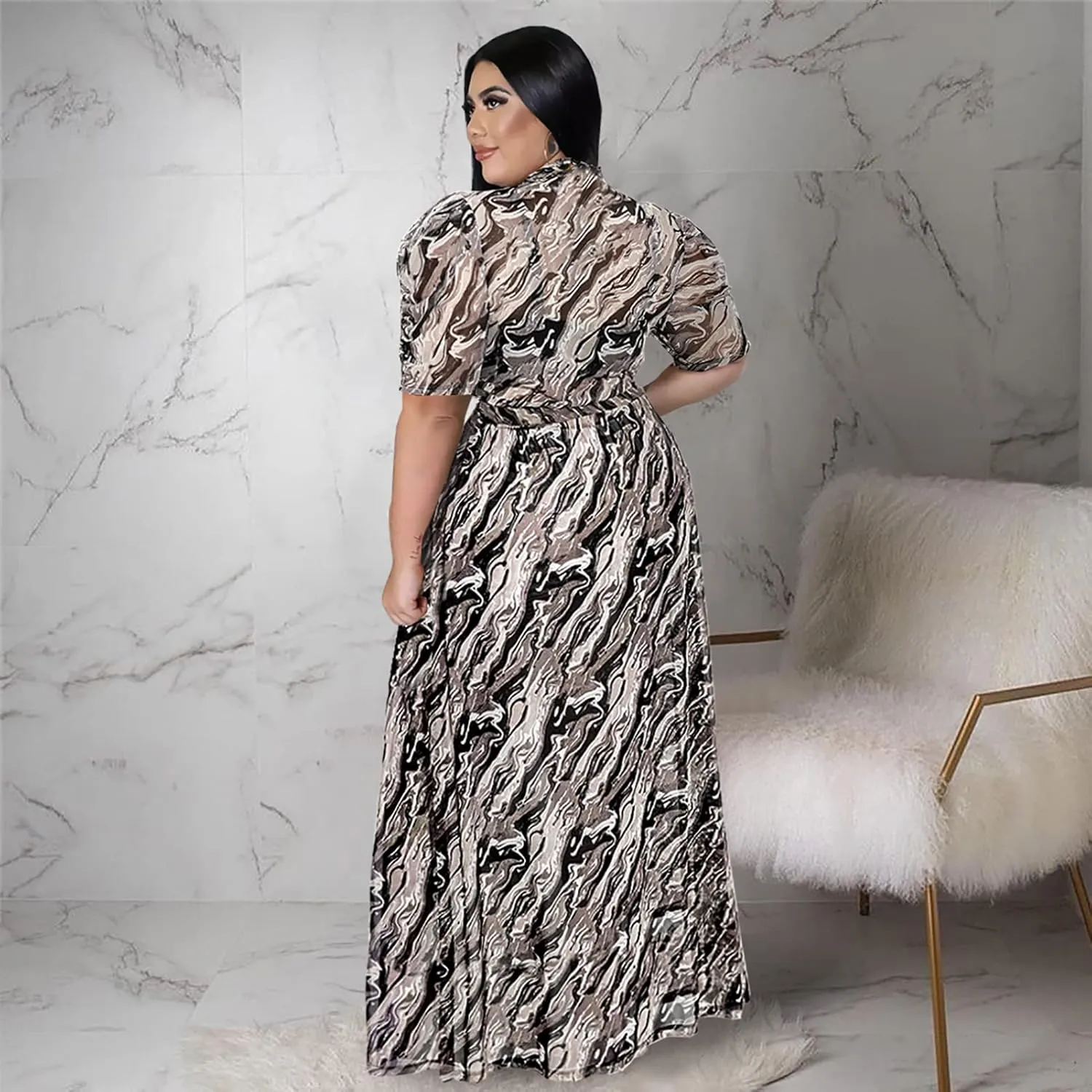 Atyfuniby Women's Plus Size High Low Tops Blouse Puff Short Sleeve Mesh See Through Maxi Tunic Shirt Dresses