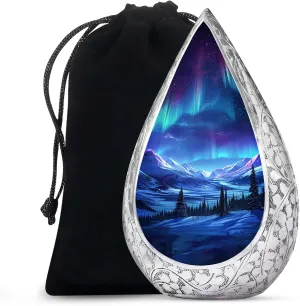 Aurora Borealis Blue Urns for Ashes Adult Male and Female 10 Inch - Snowy Forest Cremation Urns for Adult Ashes Men and Women - Funeral Mountain Urn - Drop Memorial Large Urn 10 Inch