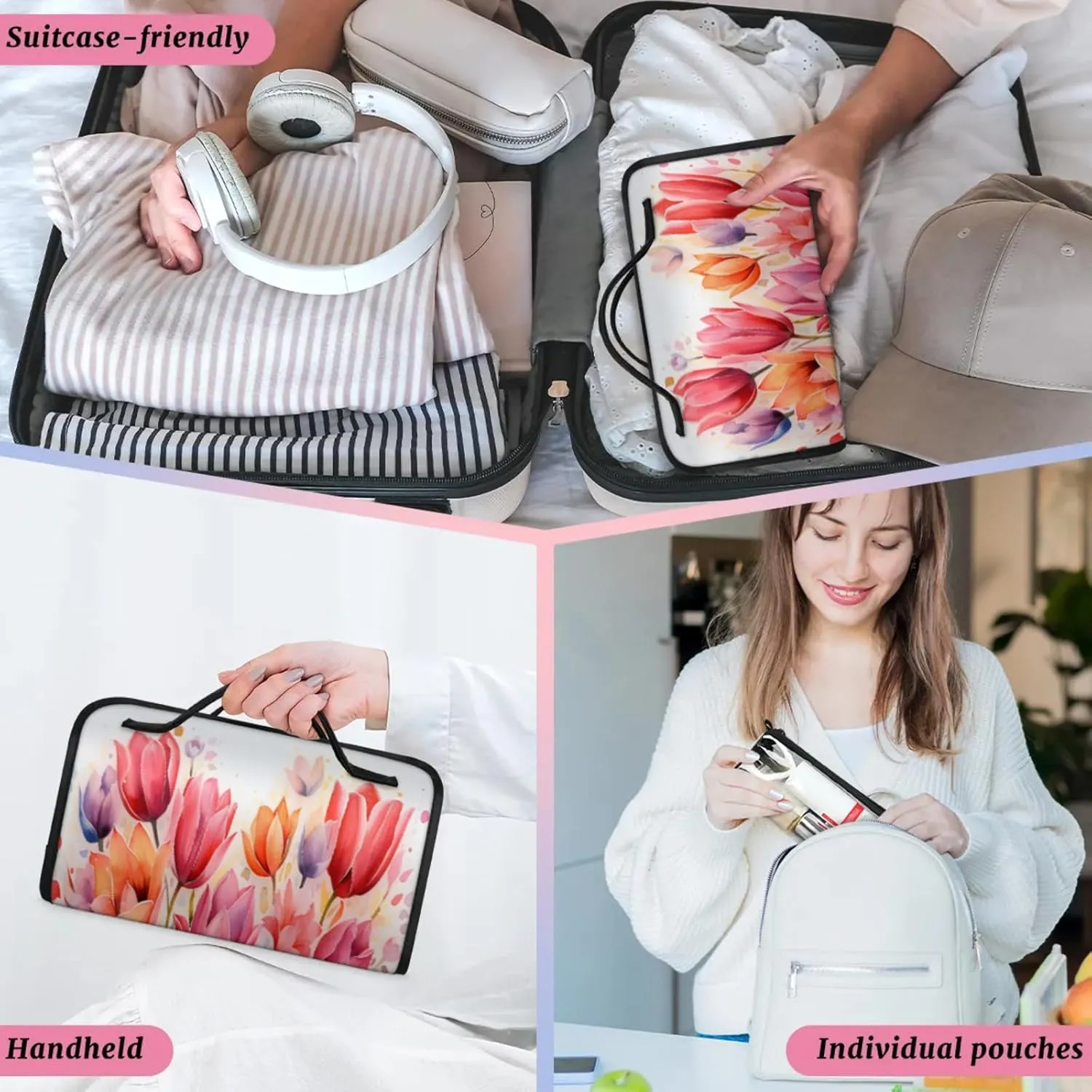 Autumn Flowers Pattern Toiletry Bag Water Proof Travel Makeup Case Large Capacity 4 in 1 Foldable Cosmetics Storage for Women Men Removable Zipper Clear PVC Pockets
