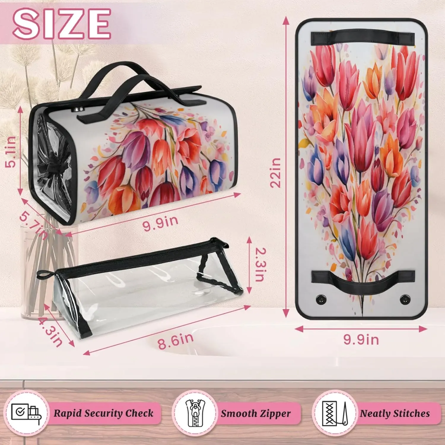 Autumn Flowers Pattern Toiletry Bag Water Proof Travel Makeup Case Large Capacity 4 in 1 Foldable Cosmetics Storage for Women Men Removable Zipper Clear PVC Pockets