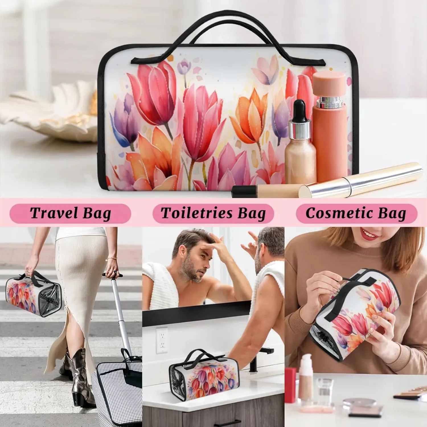 Autumn Flowers Pattern Toiletry Bag Water Proof Travel Makeup Case Large Capacity 4 in 1 Foldable Cosmetics Storage for Women Men Removable Zipper Clear PVC Pockets